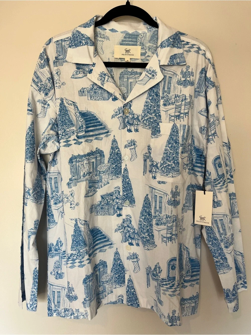 Printfresh x Kathy Hilton Holiday Toile Long Sleep Set Pajamas Blue White XS NWT